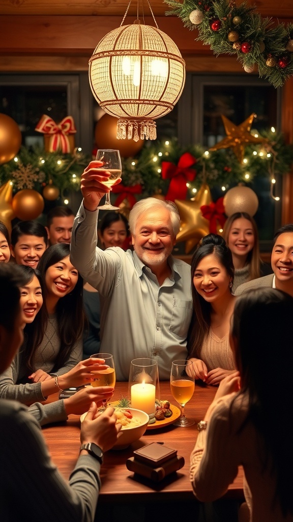 A person giving a toast at a celebration, surrounded by smiling guests.